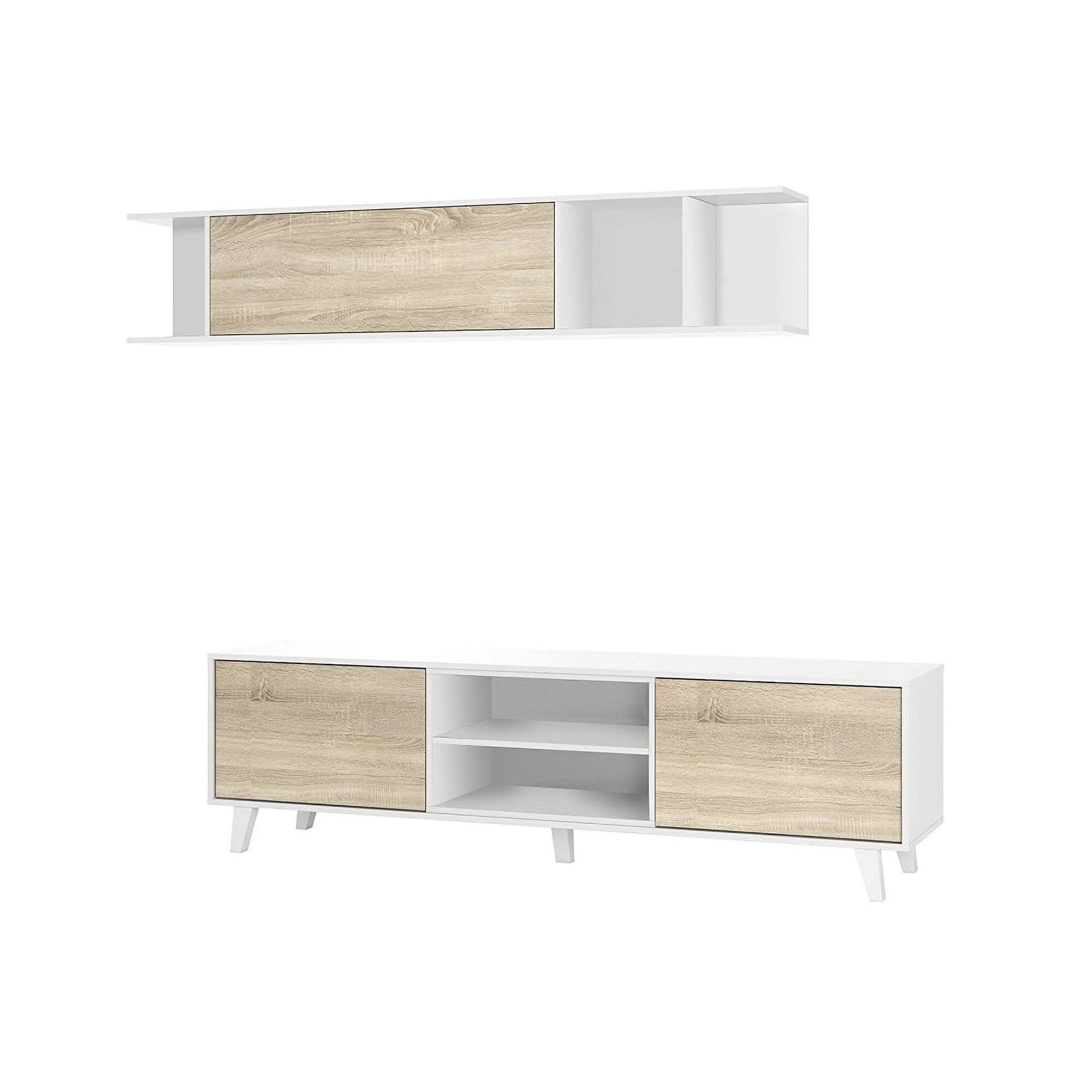 Parete attrezzata Aslan, Mobile da soggiorno porta TV, Composizione per salotto con pensile, cm 180x41h51, Bianco e Rovere