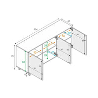 Credenza Acrolorum, Madia moderna a 3 ante e ripiani, Buffet da cucina, Buffet di design da soggiorno, cm 154x40h75, Bianco lucido e Bianco