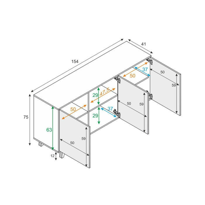Credenza Acrolorum, Madia moderna a 3 ante e ripiani, Buffet da cucina, Buffet di design da soggiorno, cm 154x40h75, Bianco lucido e Bianco