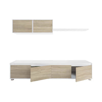 Parete attrezzata Amir, Mobile da soggiorno porta TV, Composizione set salotto, Set salotto con pensile, cm 200x41h43, Bianco e Rovere