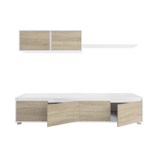 Parete attrezzata Amir, Mobile da soggiorno porta TV, Composizione set salotto, Set salotto con pensile, cm 200x41h43, Bianco e Rovere