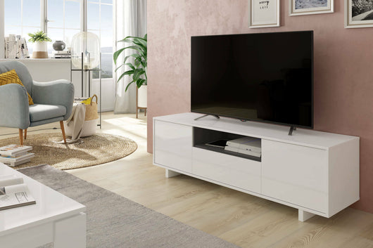 Mobile porta TV Andalusia, Credenza per televisione da soggiorno, Supporto TV a 3 ante, Credenza bassa da salotto, cm 150x41h46, Bianco lucido e Grigio cenere