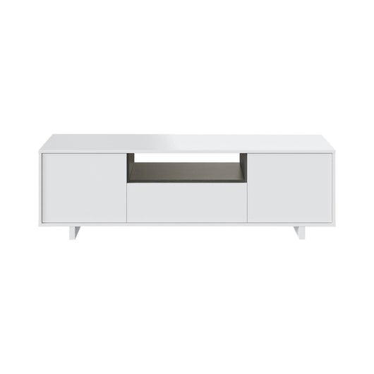Mobile porta TV Andalusia, Credenza per televisione da soggiorno, Supporto TV a 3 ante, Credenza bassa da salotto, cm 150x41h46, Bianco lucido e Grigio cenere