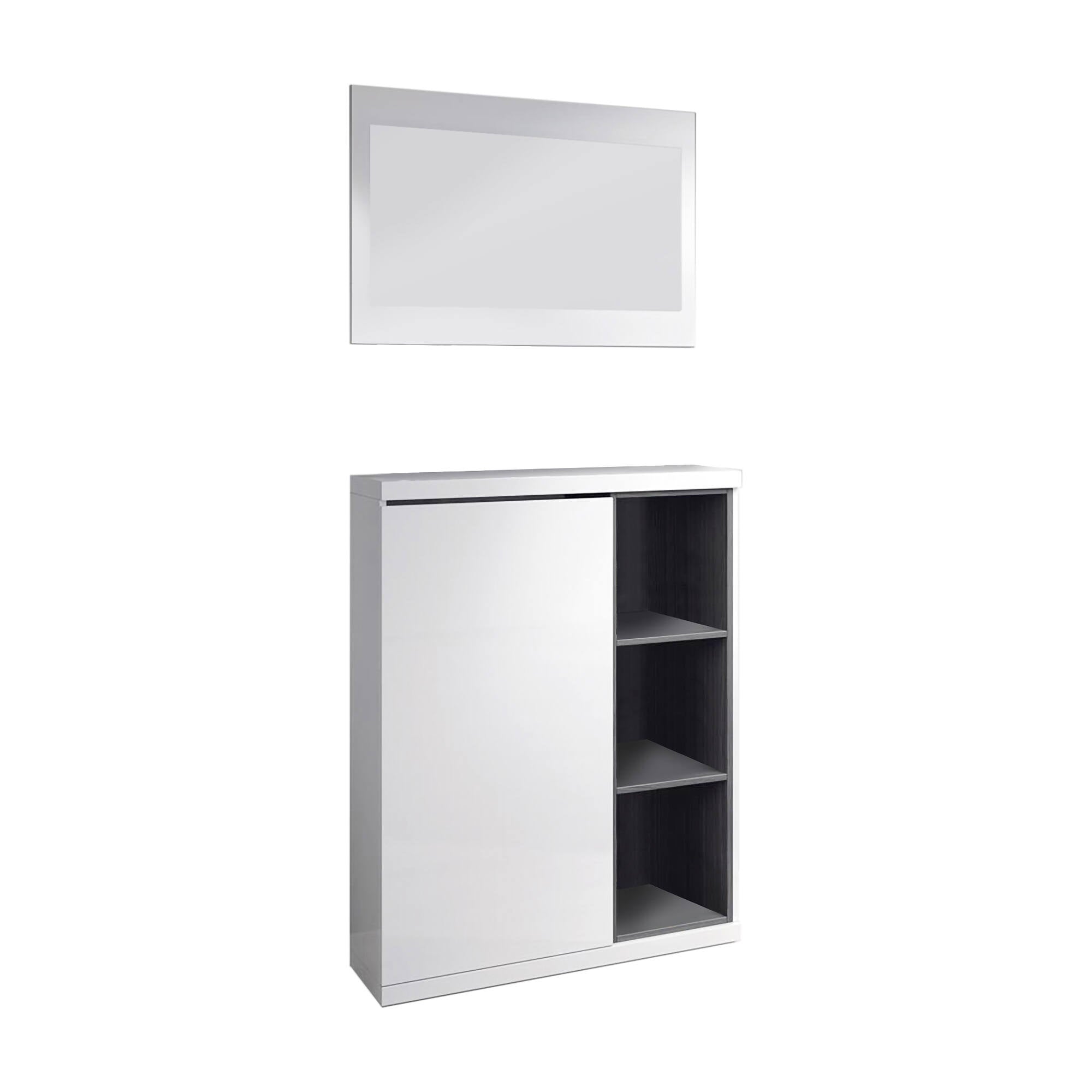 Mobile da ingresso Volturno, Entratina portascarpe con specchio, Mobile scarpiera con 3 ripiani per entrata, cm 79x25h167, Bianco e Grigio cenere