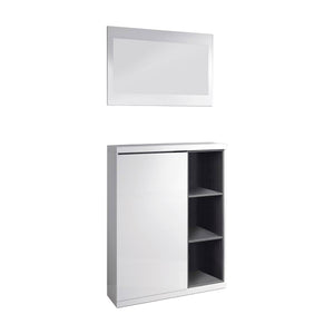 Mobile da ingresso Volturno, Entratina portascarpe con specchio, Mobile scarpiera con 3 ripiani per entrata, cm 79x25h167, Bianco e Grigio cenere