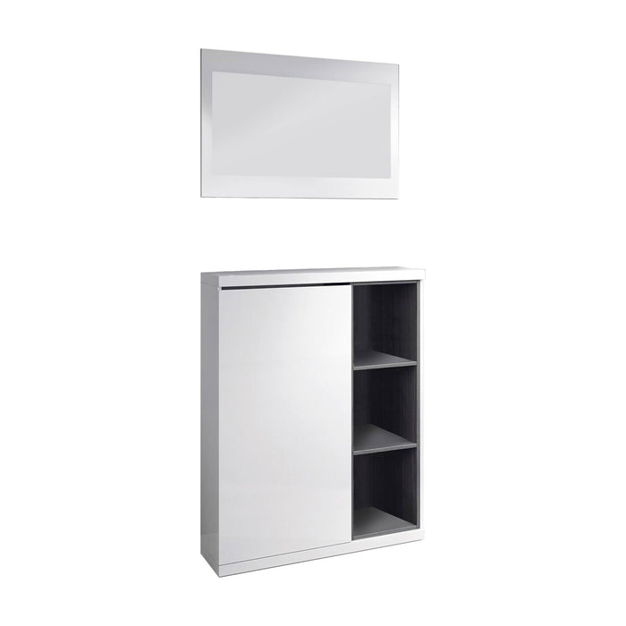 Mobile da ingresso Volturno, Entratina portascarpe con specchio, Mobile scarpiera con 3 ripiani per entrata, cm 79x25h167, Bianco e Grigio cenere