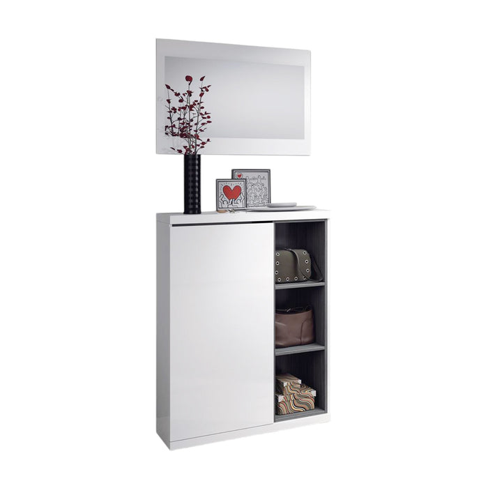 Mobile da ingresso Volturno, Entratina portascarpe con specchio, Mobile scarpiera con 3 ripiani per entrata, cm 79x25h167, Bianco e Grigio cenere