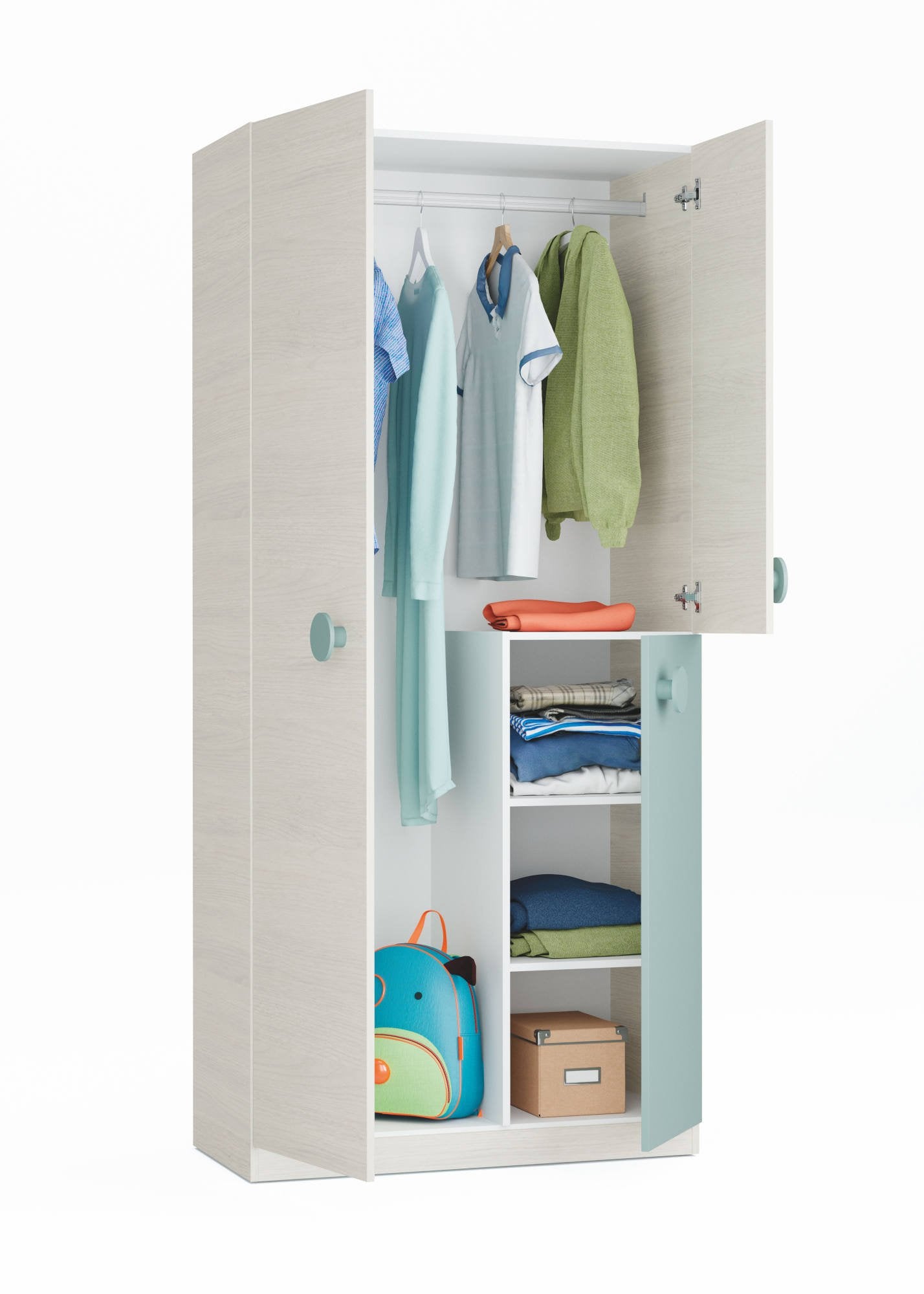 Guardaroba Aronia, Armadio per cameretta, Mobile a 3 ante e 3 ripiani con barra appendiabiti, cm 90x52h200, Bianco e Verde acqua