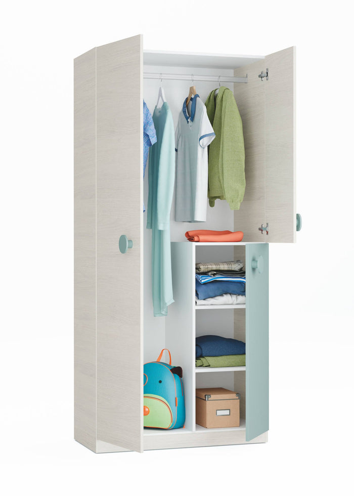 Guardaroba Aronia, Armadio per cameretta, Mobile a 3 ante e 3 ripiani con barra appendiabiti, cm 90x52h200, Bianco e Verde acqua