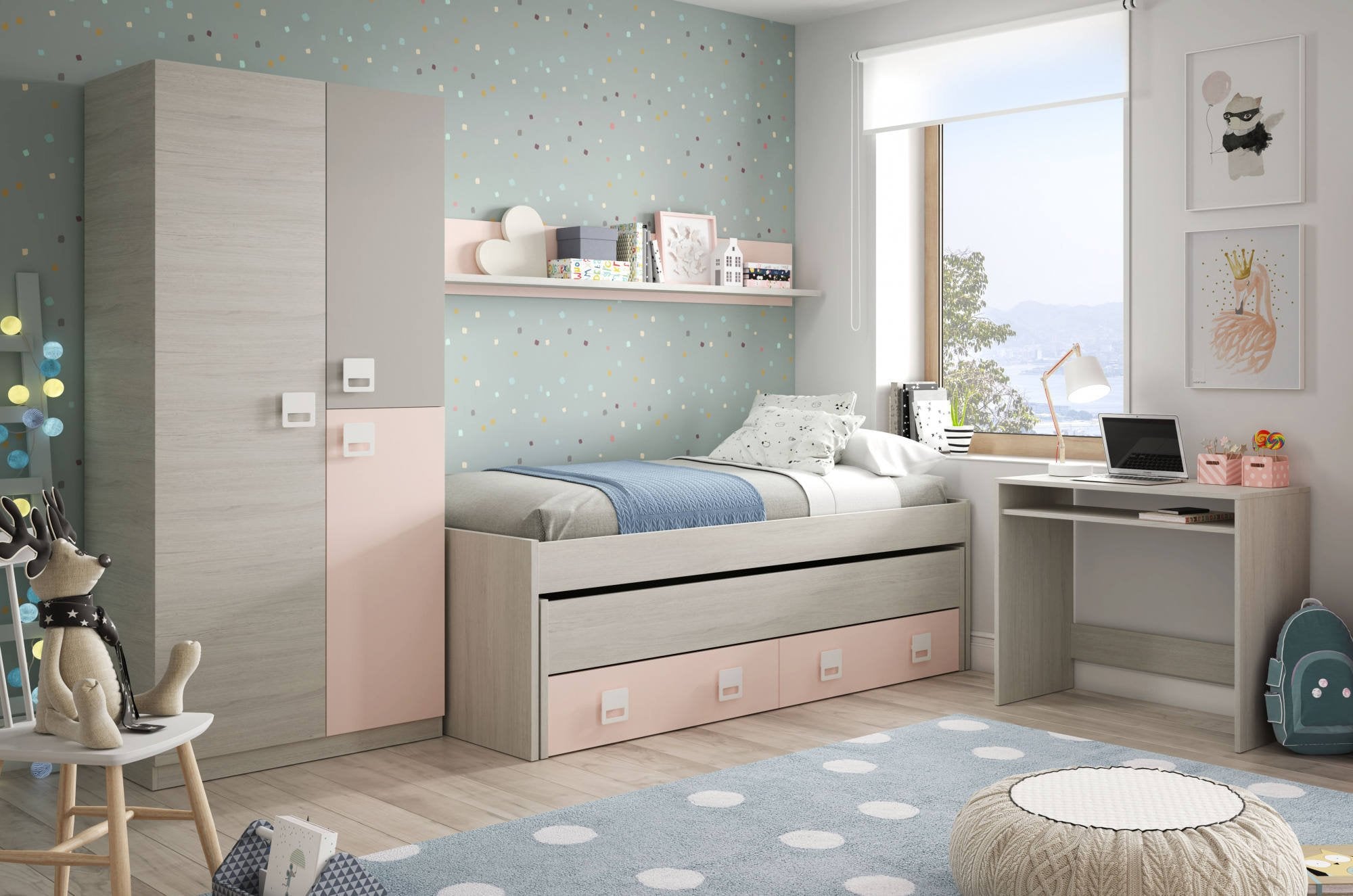 Letto singolo Asi, Struttura letto per cameretta, Letto singolo con lettino estraibile e 2 cassetti e mensola abbinata, cm 199x96h65, Bianco e Rosa