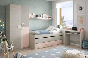 Letto singolo Asi, Struttura letto per cameretta, Letto singolo con lettino estraibile e 2 cassetti e mensola abbinata, cm 199x96h65, Bianco e Rosa