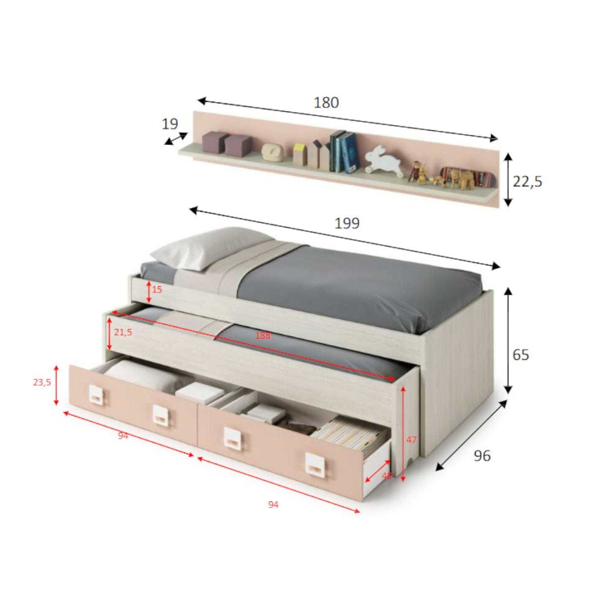 Letto singolo Asi, Struttura letto per cameretta, Letto singolo con lettino estraibile e 2 cassetti e mensola abbinata, cm 199x96h65, Bianco e Rosa