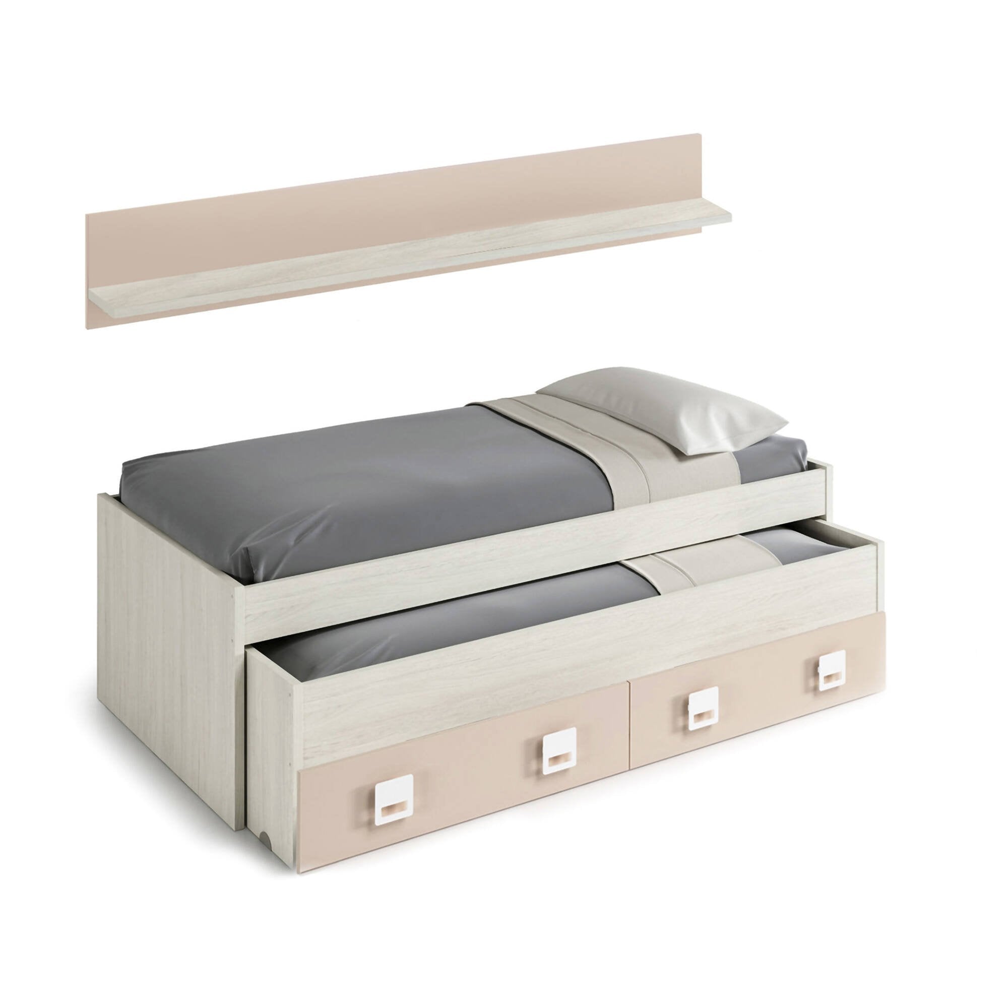 Letto singolo Asi, Struttura letto per cameretta, Letto singolo con lettino estraibile e 2 cassetti e mensola abbinata, cm 199x96h65, Bianco e Rosa