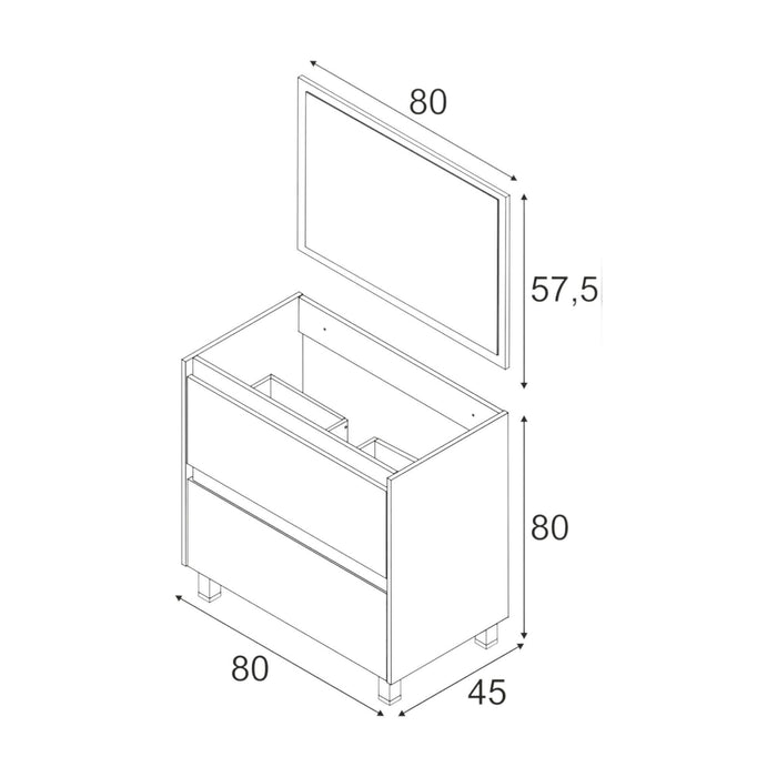 Mobile sottolavabo Alis, Mobiletto sospeso con 2 cassetti, Armadio per bagno con specchio, Lavabo escluso, cm 80x45h80, Quercia