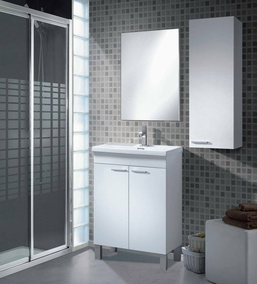 Colonna Bagno Alcott, Mobile a colonna per bagno a 1 anta, Armadio pensile sospeso con 1 ripiano, cm 30x25h85, Bianco lucido