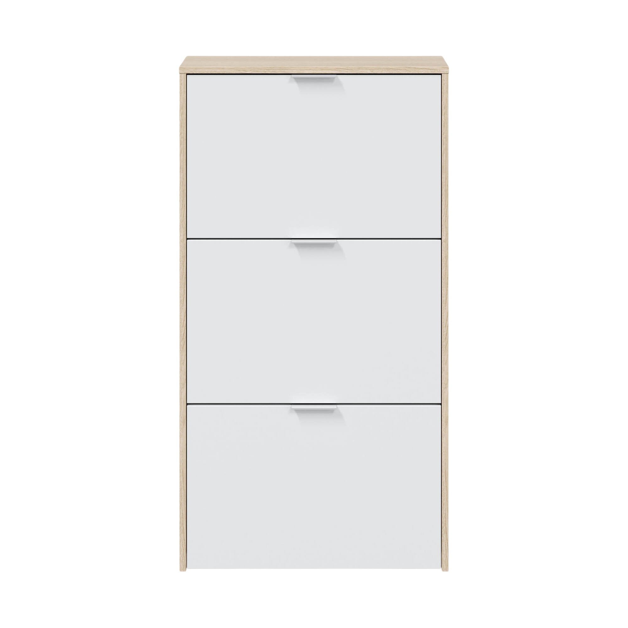 Scarpiera Asca, Armadio portascarpe a 3 ante a ribalta, Mobile con doppia capienza per max 18 paia di scarpe, cm 70x17h180, Rovere e Bianco lucido