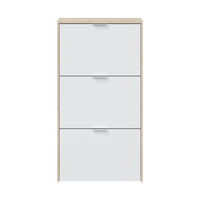 Scarpiera Asca, Armadio portascarpe a 3 ante a ribalta, Mobile con doppia capienza per max 18 paia di scarpe, cm 70x17h180, Rovere e Bianco lucido