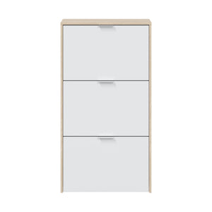 Scarpiera Asca, Armadio portascarpe a 3 ante a ribalta, Mobile con doppia capienza per max 18 paia di scarpe, cm 70x17h180, Rovere e Bianco lucido