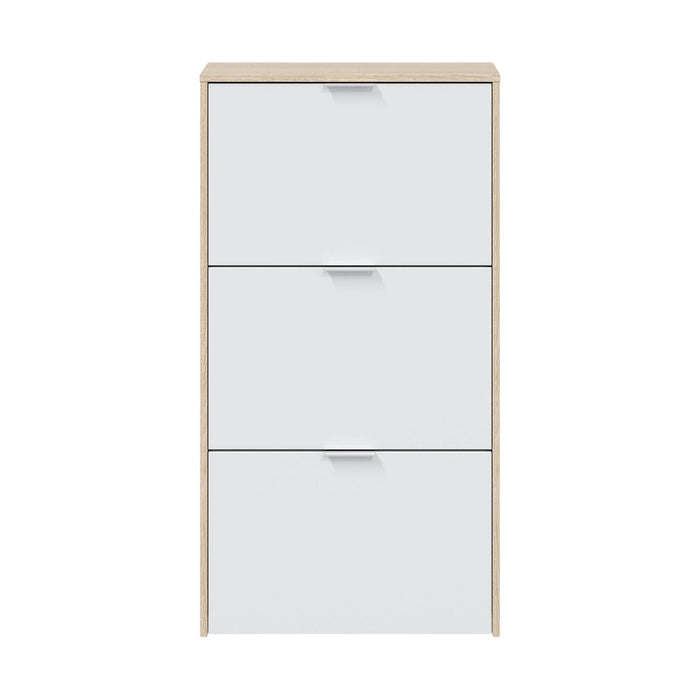 Scarpiera Asca, Armadio portascarpe a 3 ante a ribalta, Mobile con doppia capienza per max 18 paia di scarpe, cm 70x17h180, Rovere e Bianco lucido