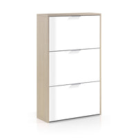 Scarpiera Asca, Armadio portascarpe a 3 ante a ribalta, Mobile con doppia capienza per max 18 paia di scarpe, cm 70x17h180, Rovere e Bianco lucido