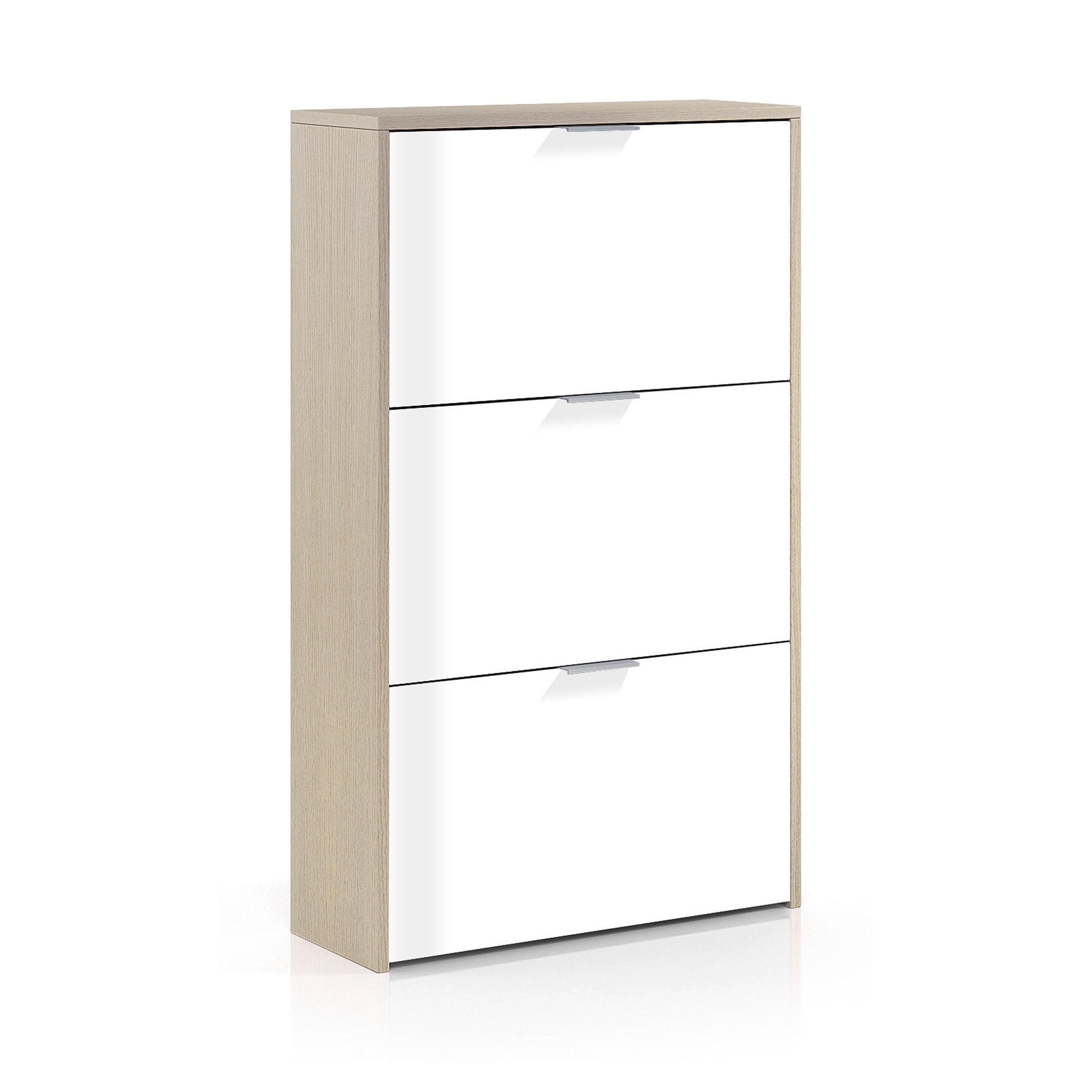 Scarpiera Asca, Armadio portascarpe a 3 ante a ribalta, Mobile con doppia capienza per max 18 paia di scarpe, cm 70x17h180, Rovere e Bianco lucido