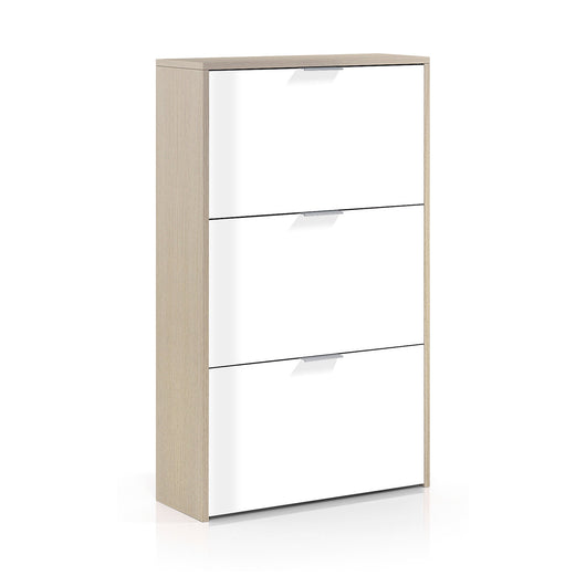 Scarpiera Asca, Armadio portascarpe a 3 ante a ribalta, Mobile con doppia capienza per max 18 paia di scarpe, cm 70x17h180, Rovere e Bianco lucido
