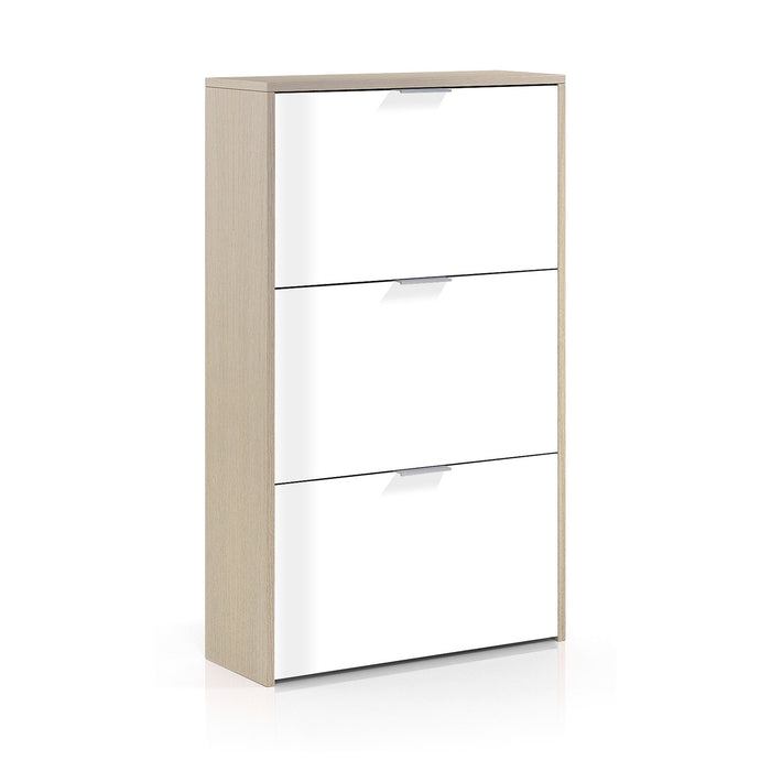 Scarpiera Asca, Armadio portascarpe a 3 ante a ribalta, Mobile con doppia capienza per max 18 paia di scarpe, cm 70x17h180, Rovere e Bianco lucido