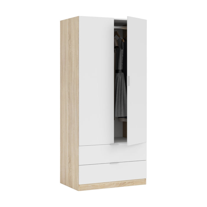 Guardaroba Appadu, Armadio per camera da letto a 2 ante e 2 cassetti, Mobile con barra appendiabiti, cm 82x52h180, Bianco e Rovere