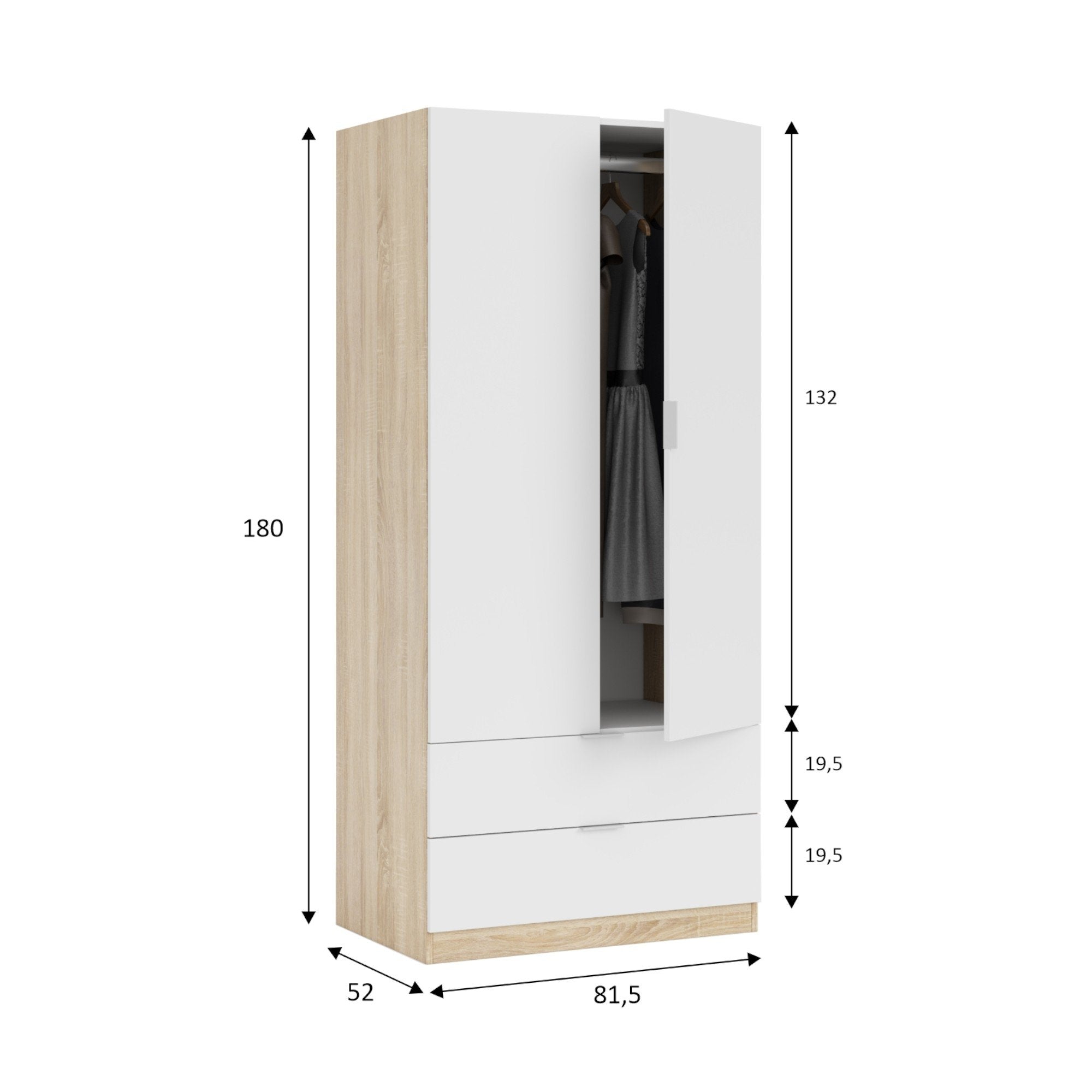 Guardaroba Appadu, Armadio per camera da letto a 2 ante e 2 cassetti, Mobile con barra appendiabiti, cm 82x52h180, Bianco e Rovere
