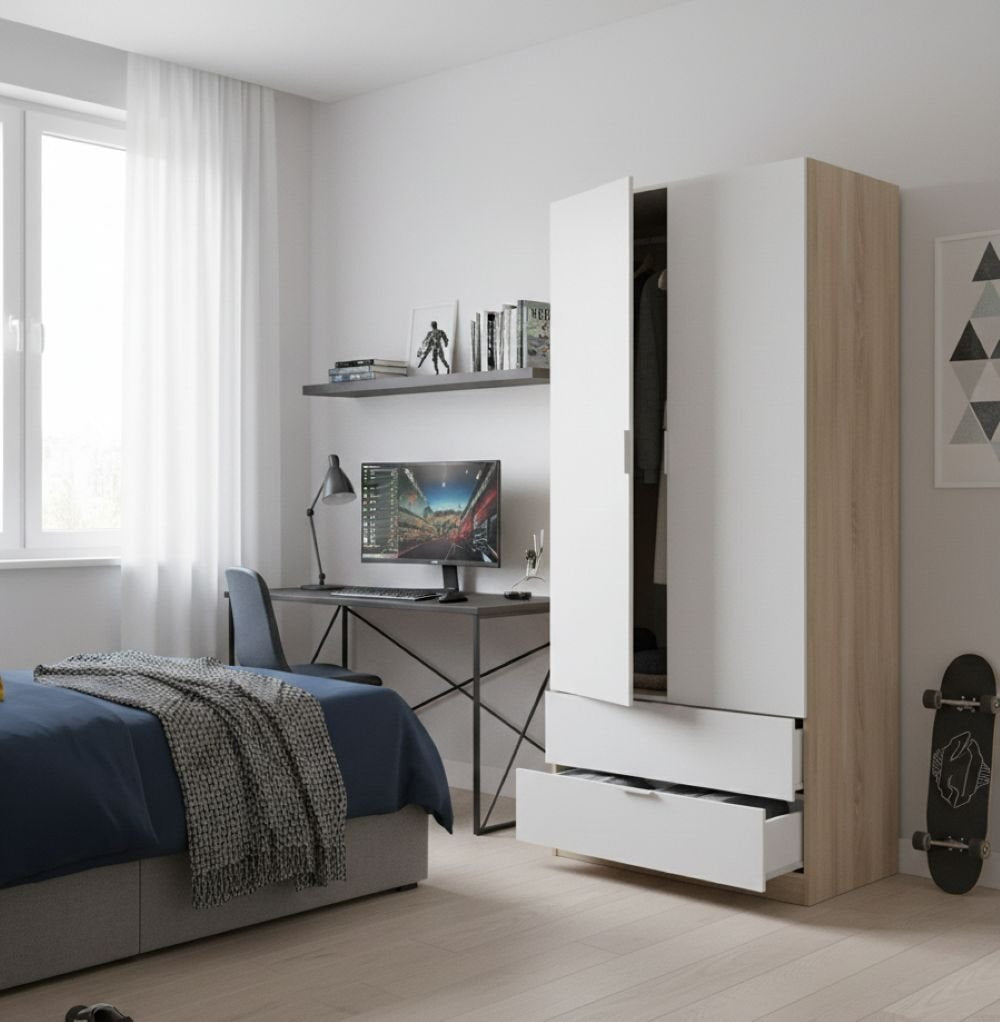 Guardaroba Appadu, Armadio per camera da letto a 2 ante e 2 cassetti, Mobile con barra appendiabiti, cm 82x52h180, Bianco e Rovere