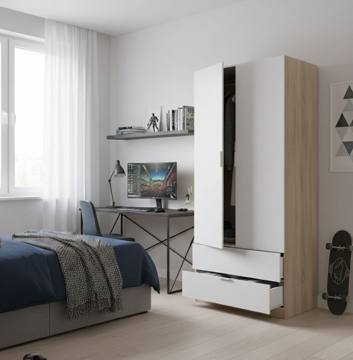 Guardaroba Appadu, Armadio per camera da letto a 2 ante e 2 cassetti, Mobile con barra appendiabiti, cm 82x52h180, Bianco e Rovere