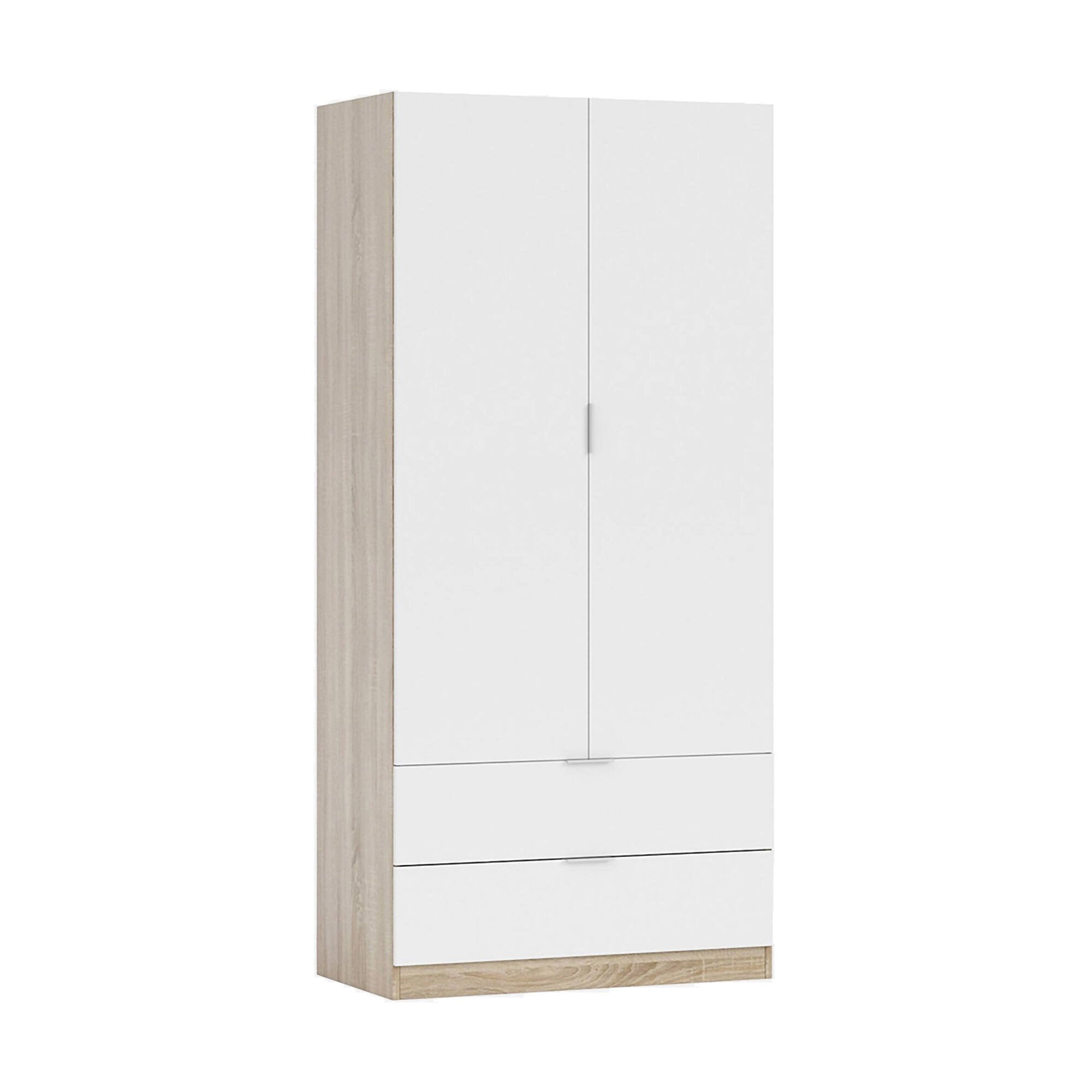 Guardaroba Appadu, Armadio per camera da letto a 2 ante e 2 cassetti, Mobile con barra appendiabiti, cm 82x52h180, Bianco e Rovere