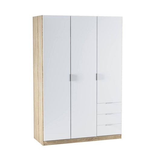 Guardaroba Apaches, Armadio per camera da letto a 3 ante e 3 cassetti, Mobile con barra appendiabiti e 3 ripiani cm 121x80h180, Bianco e Rovere