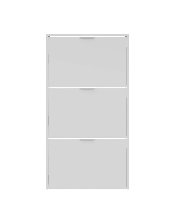 Scarpiera Asca, Armadio portascarpe a 3 ante a ribalta, Mobile con doppia capienza per max 18 paia di scarpe, cm 70x17h180, Bianco lucido