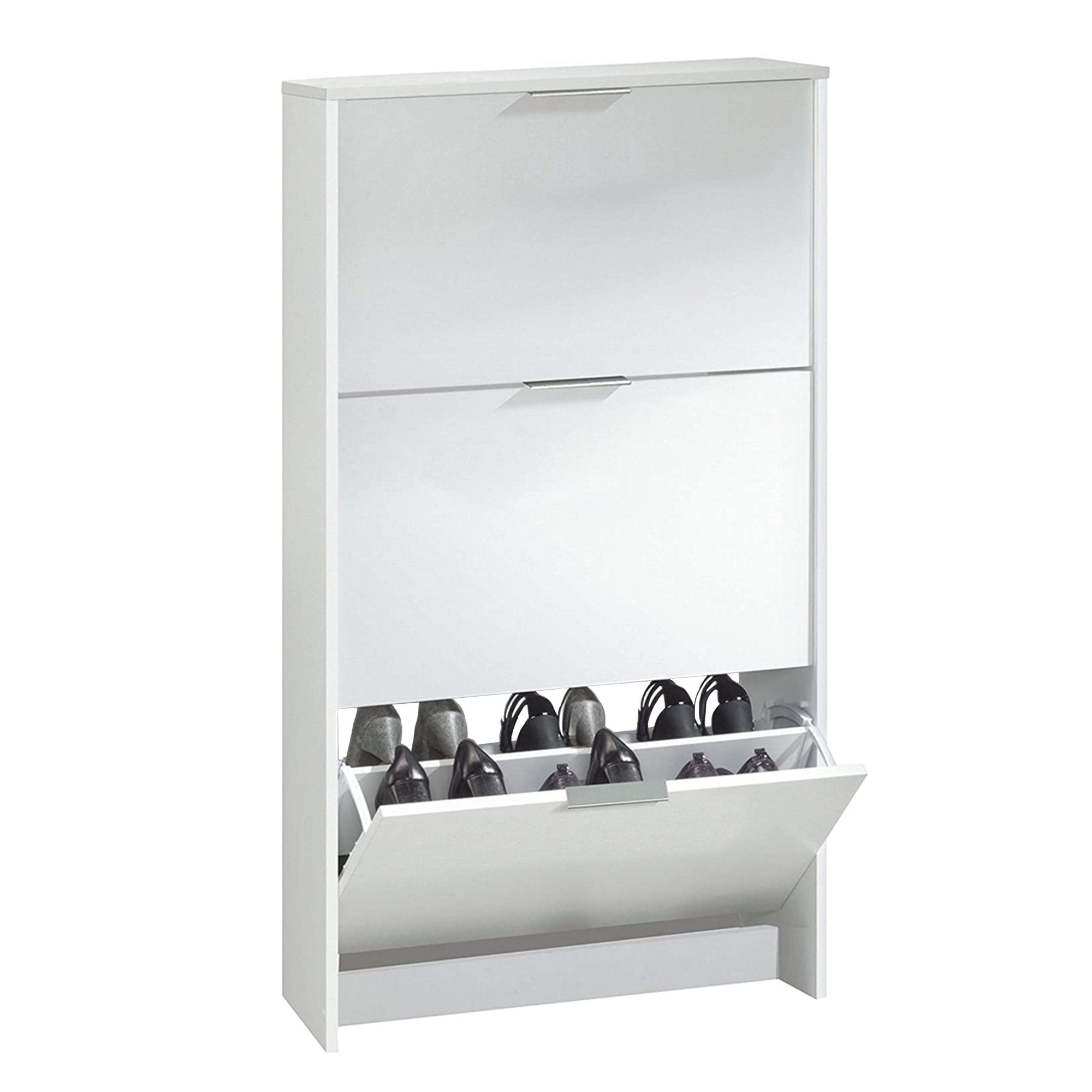 Scarpiera Asca, Armadio portascarpe a 3 ante a ribalta, Mobile con doppia capienza per max 18 paia di scarpe, cm 70x17h180, Bianco lucido