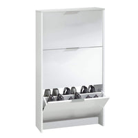 Scarpiera Asca, Armadio portascarpe a 3 ante a ribalta, Mobile con doppia capienza per max 18 paia di scarpe, cm 70x17h180, Bianco lucido