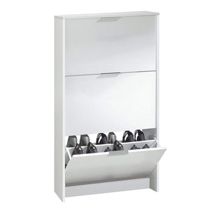 Scarpiera Asca, Armadio portascarpe a 3 ante a ribalta, Mobile con doppia capienza per max 18 paia di scarpe, cm 70x17h180, Bianco lucido