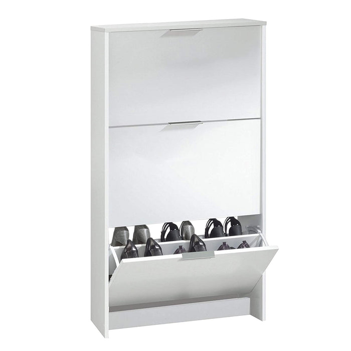 Scarpiera Asca, Armadio portascarpe a 3 ante a ribalta, Mobile con doppia capienza per max 18 paia di scarpe, cm 70x17h180, Bianco lucido