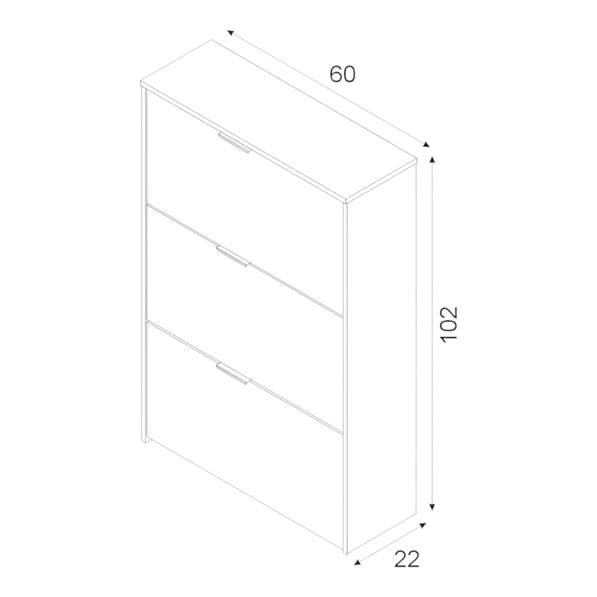 Scarpiera Asca, Armadio portascarpe a 3 ante a ribalta, Mobile con doppia capienza per max 18 paia di scarpe, cm 70x17h180, Bianco lucido