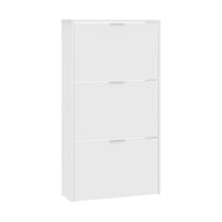 Scarpiera Asca, Armadio portascarpe a 3 ante a ribalta, Mobile con doppia capienza per max 18 paia di scarpe, cm 70x17h180, Bianco lucido