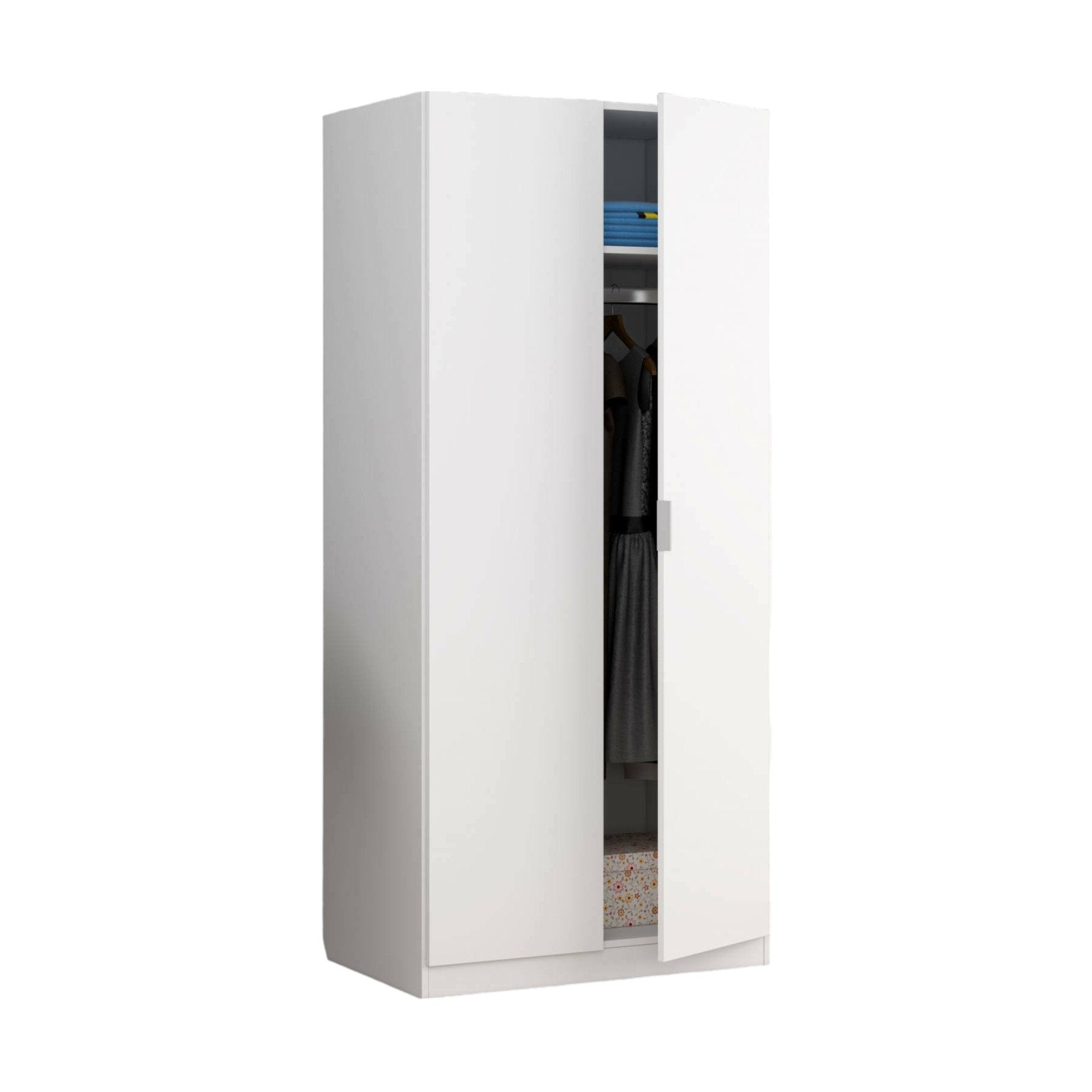 Guardaroba Avik, Armadio per camera da letto a 2 ante battenti, Mobile per camera da letto con 1 ripiano e barra appendiabiti, cm 82x52h180, Bianco