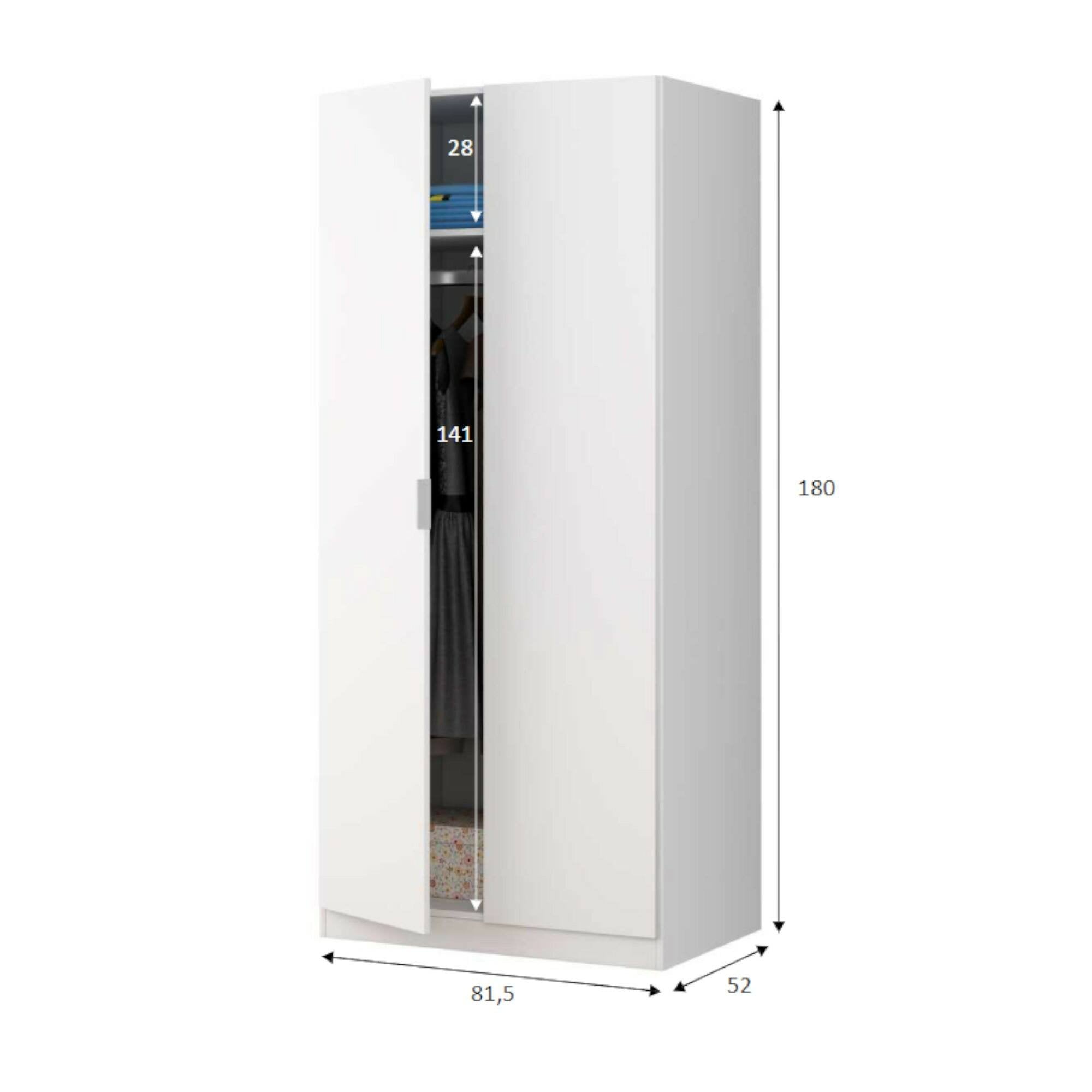 Guardaroba Avik, Armadio per camera da letto a 2 ante battenti, Mobile per camera da letto con 1 ripiano e barra appendiabiti, cm 82x52h180, Bianco