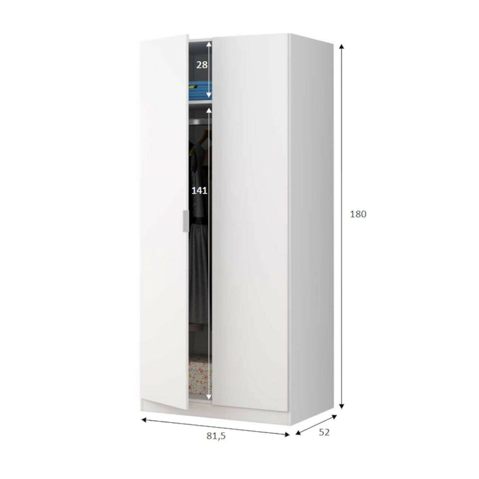 Guardaroba Avik, Armadio per camera da letto a 2 ante battenti, Mobile per camera da letto con 1 ripiano e barra appendiabiti, cm 82x52h180, Bianco
