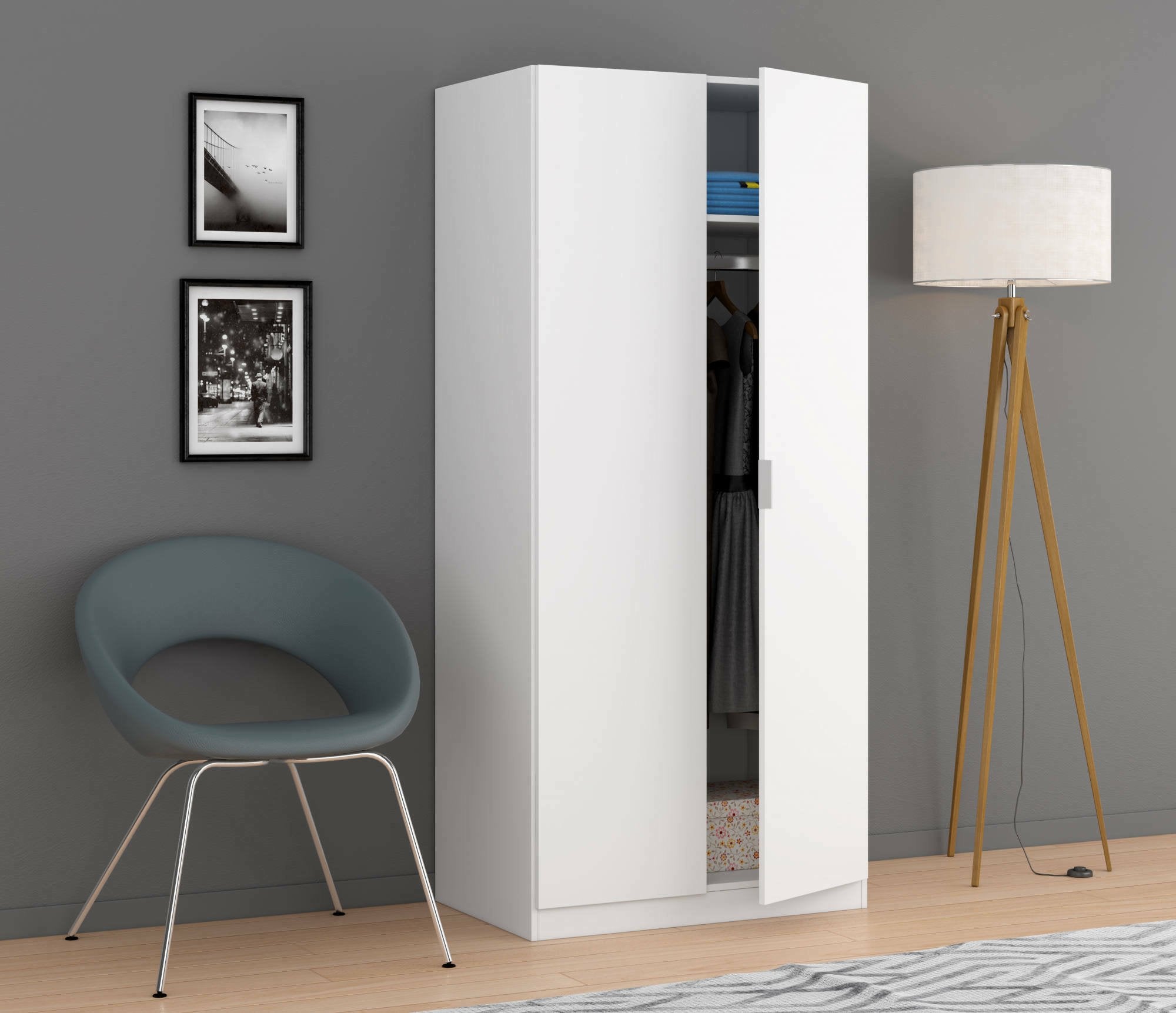 Guardaroba Avik, Armadio per camera da letto a 2 ante battenti, Mobile per camera da letto con 1 ripiano e barra appendiabiti, cm 82x52h180, Bianco