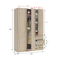 Guardaroba Ade, Armadio per camera da letto a 3 ante e 3 cassetti, Mobile con 3 ripiani e barra appendiabiti, cm 135x52h200, Rovere