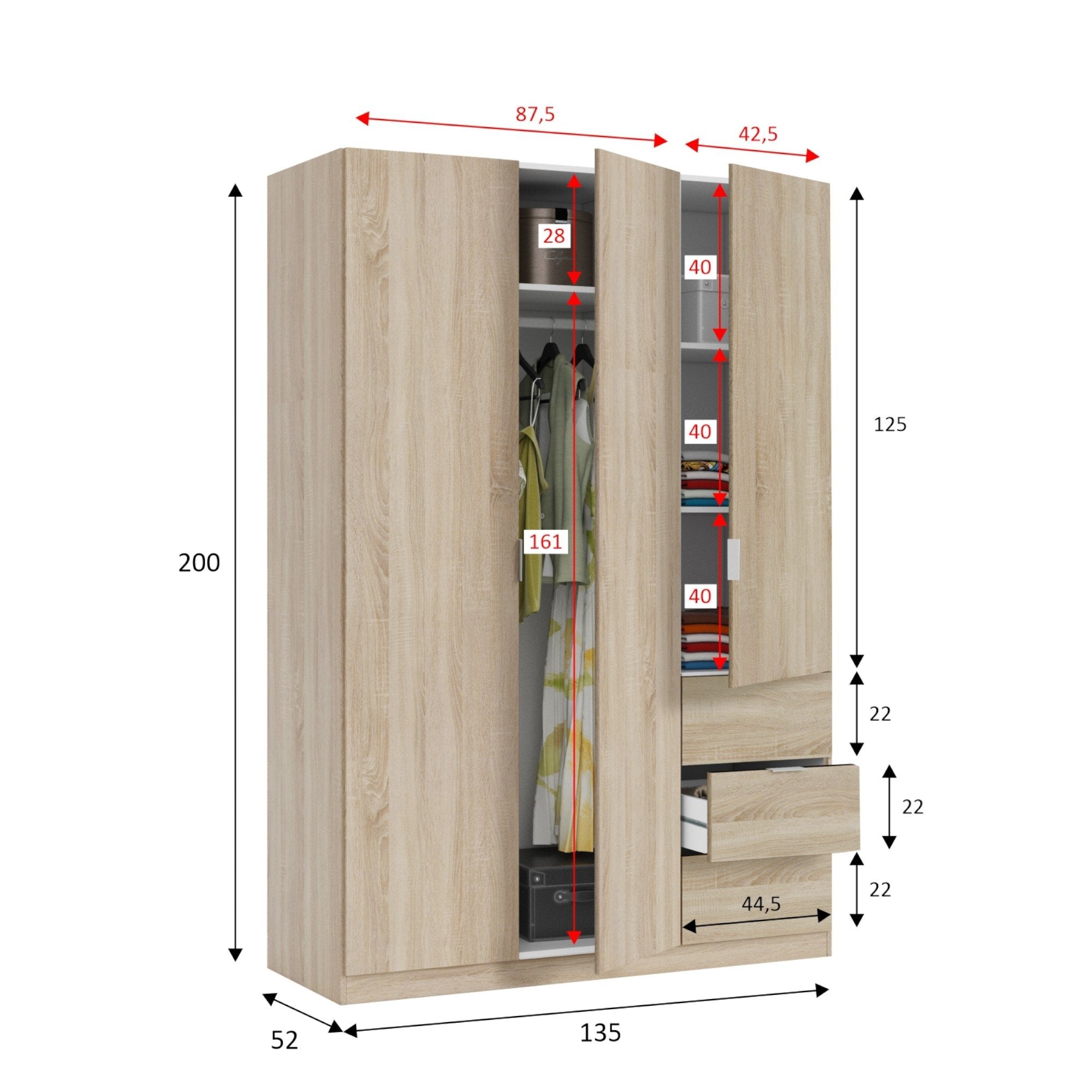 Guardaroba Ade, Armadio per camera da letto a 3 ante e 3 cassetti, Mobile con 3 ripiani e barra appendiabiti, cm 135x52h200, Rovere
