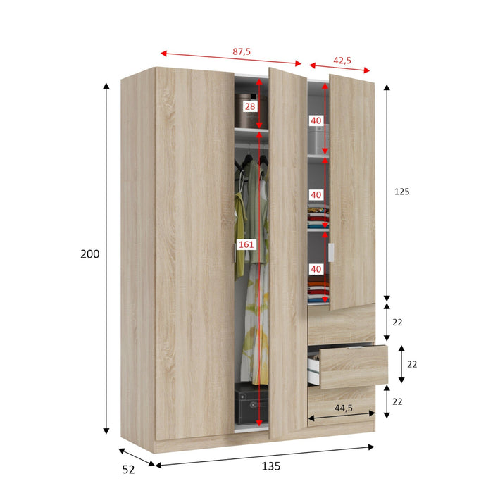 Guardaroba Ade, Armadio per camera da letto a 3 ante e 3 cassetti, Mobile con 3 ripiani e barra appendiabiti, cm 135x52h200, Rovere