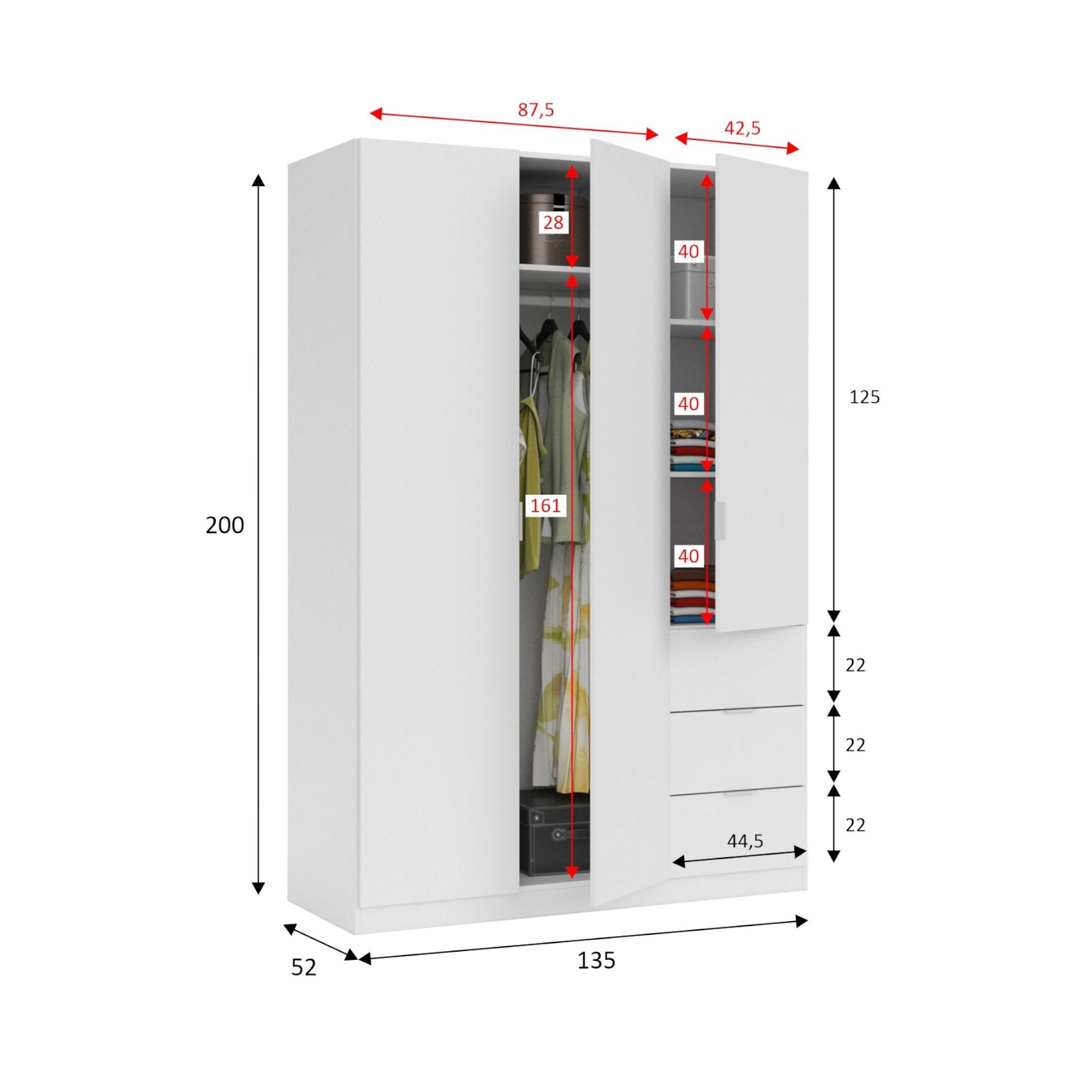 Guardaroba Ade, Armadio per camera da letto a 3 ante e 3 cassetti, Mobile con 3 ripiani e barra appendiabiti, cm 135x52h200, Bianco