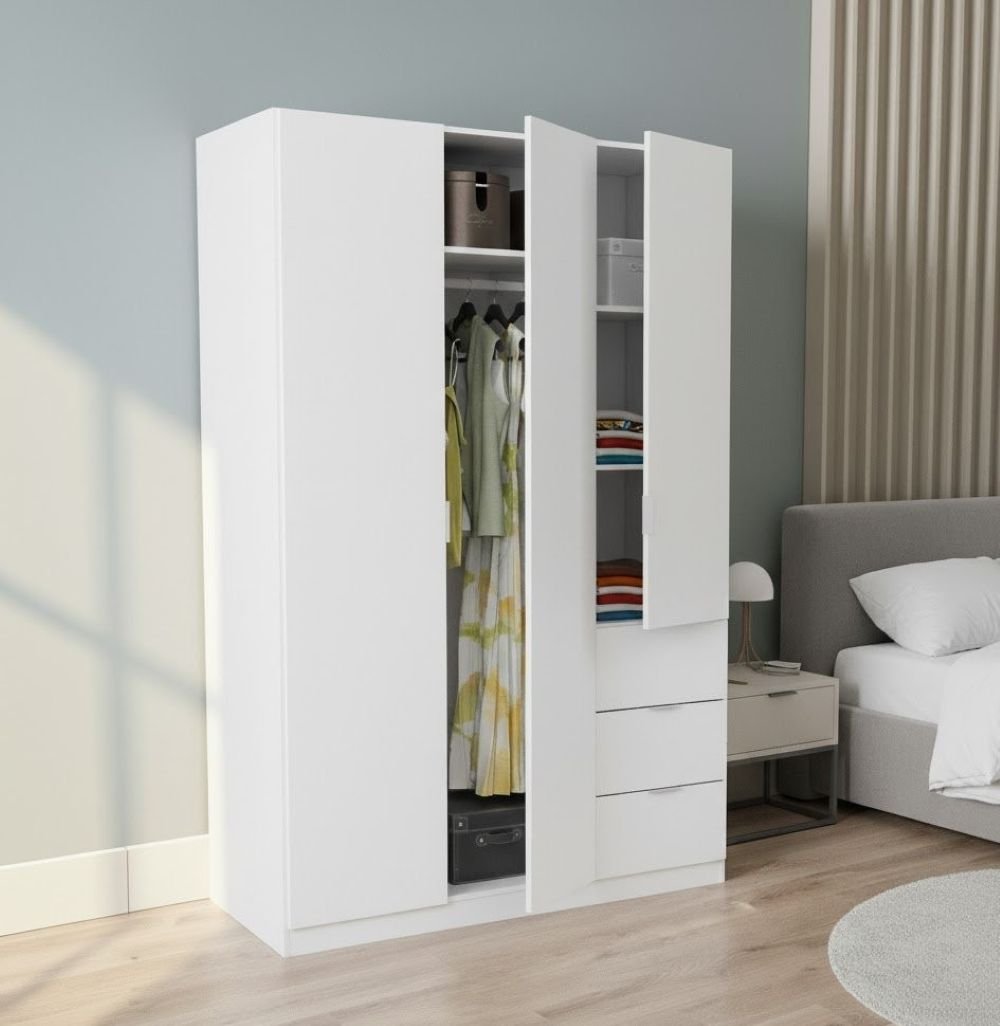 Guardaroba Ade, Armadio per camera da letto a 3 ante e 3 cassetti, Mobile con 3 ripiani e barra appendiabiti, cm 135x52h200, Bianco
