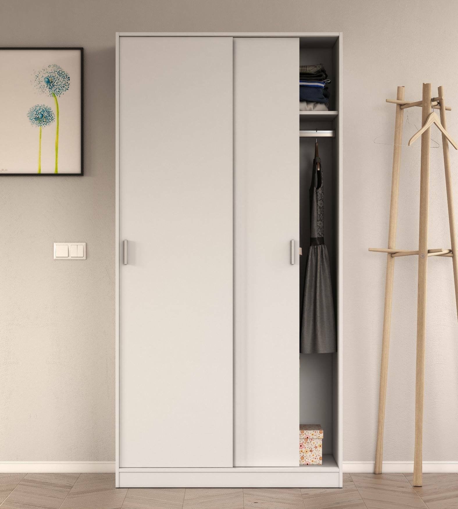 Guardaroba Alt, Armadio per camera da letto a 2 ante scorrevoli, Mobile con ripiano e barra appendiabiti, cm 100x50h200, Bianco